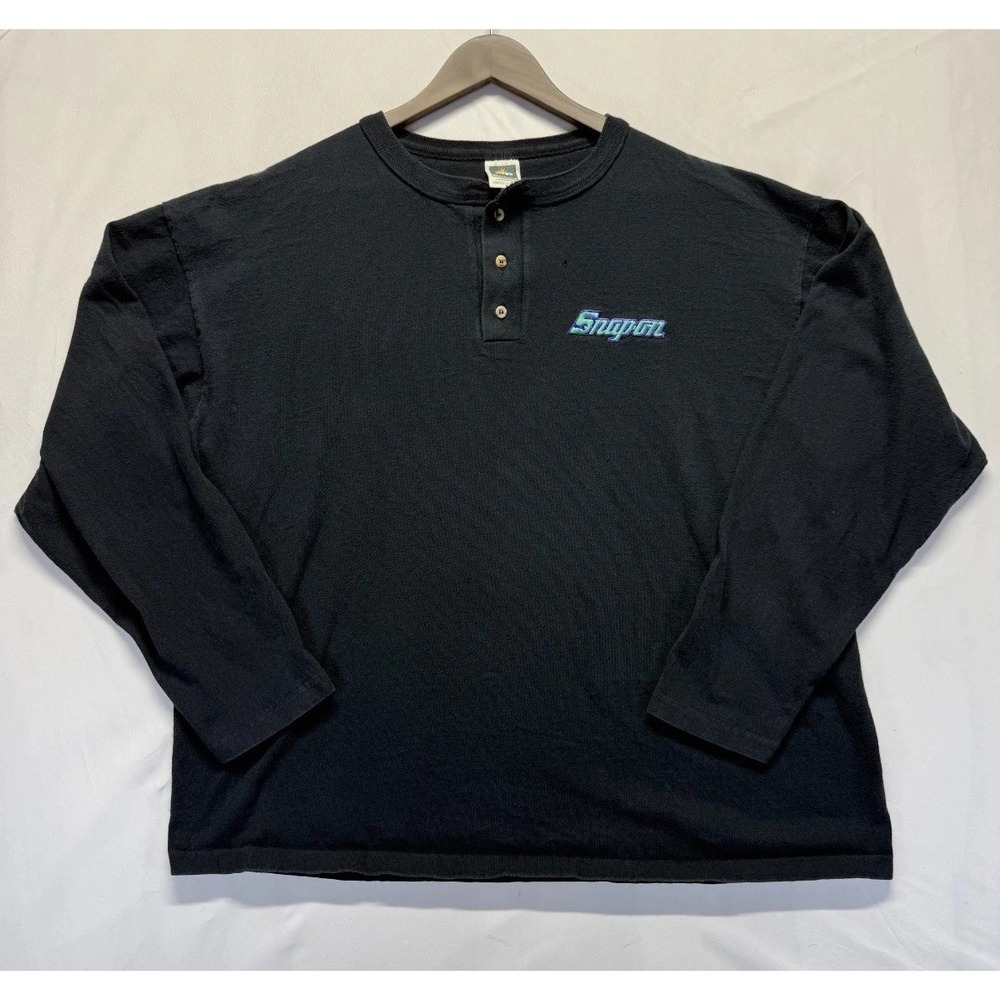 VTG Cotton Deluxe Shirt Mens XL Black Snap-On Logo Henley Neck Single Stitch Tee
